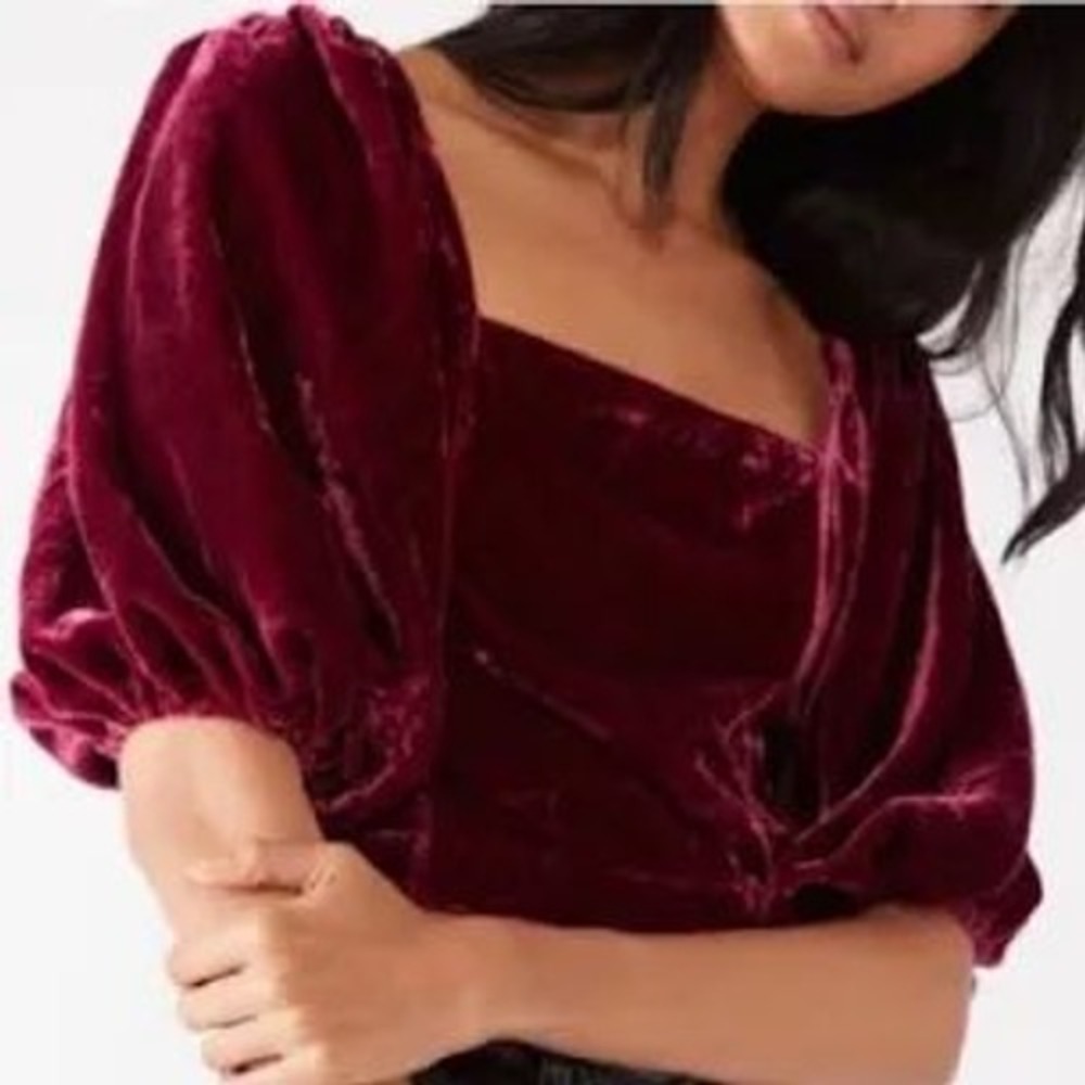 Free People Velvet Crop Top Womens L Burgundy Excellent Puff Sleeve Tie Back - Picture 2 of 9